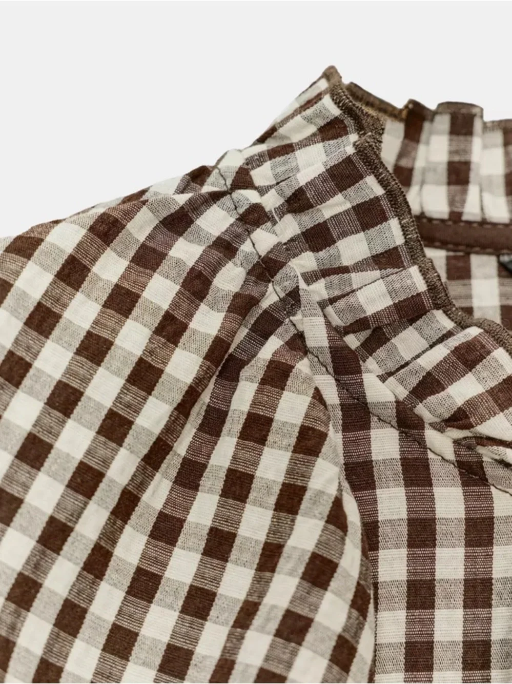 Zara Brown White Gingham Ruffle Shirt Top Sz S - Picture 6 of 14